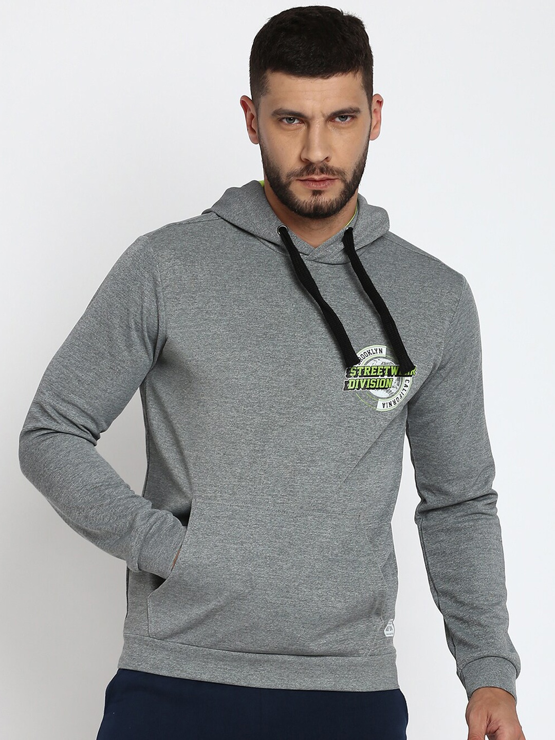 

abof Men Grey Printed Hooded Sweatshirt