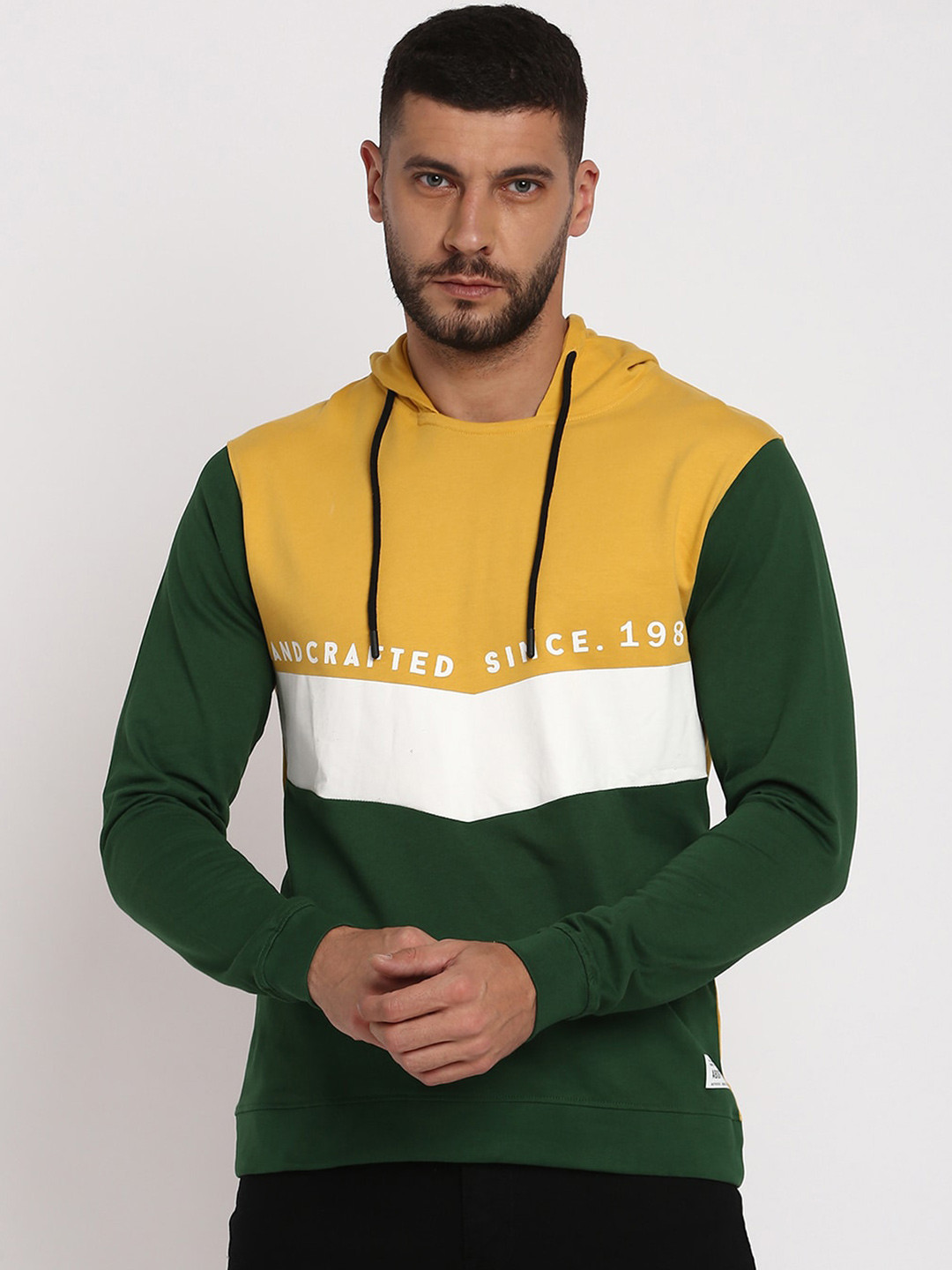 

abof Men Green Colourblocked Hooded Sweatshirt