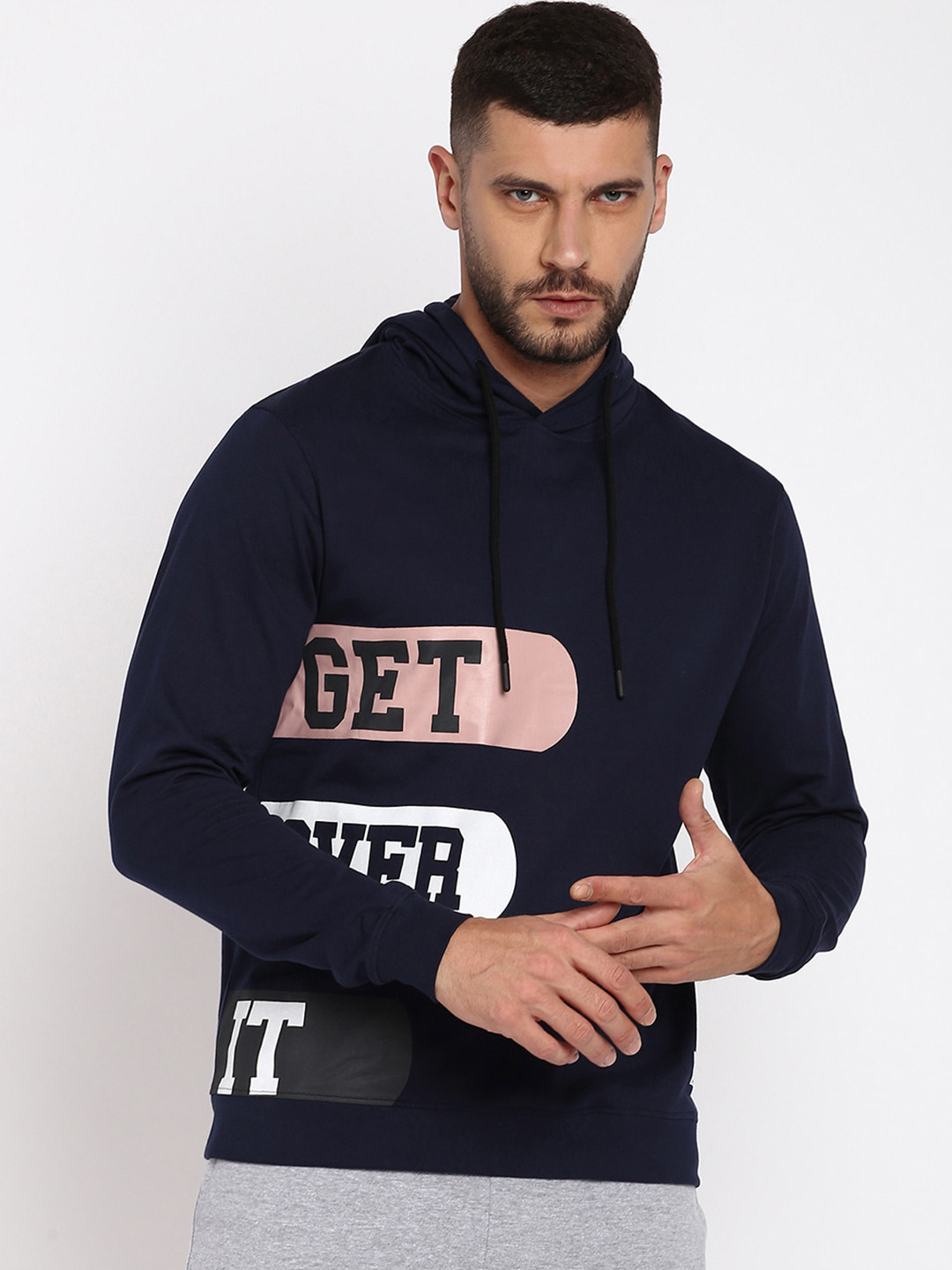 

abof Men Navy Blue Printed Hooded Sweatshirt