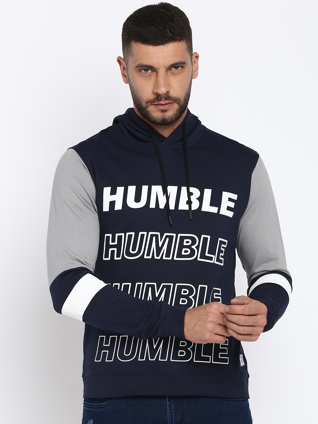 

abof Men Navy Blue Printed Hooded Sweatshirt