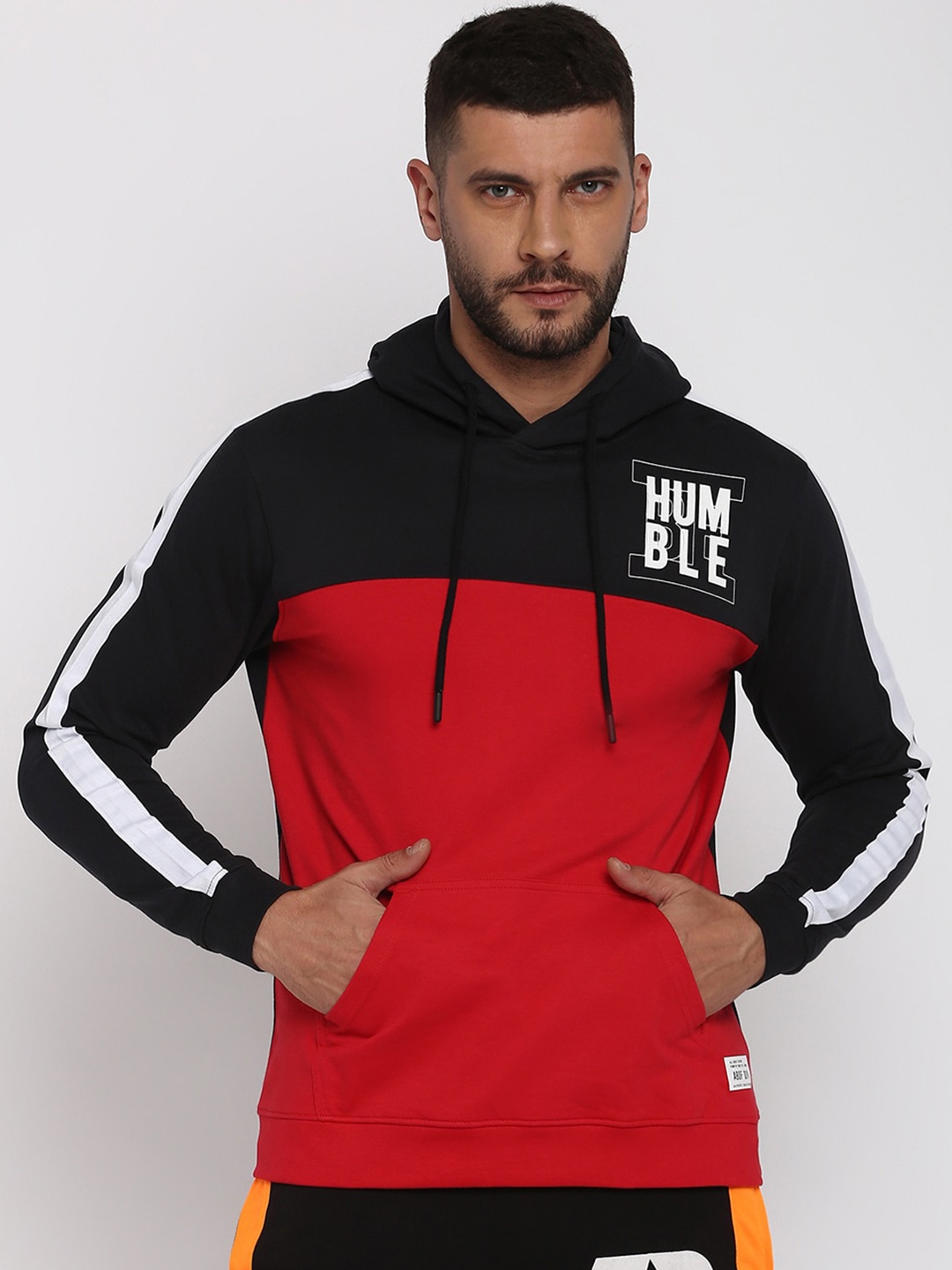 

abof Men Red Colourblocked Hooded Sweatshirt