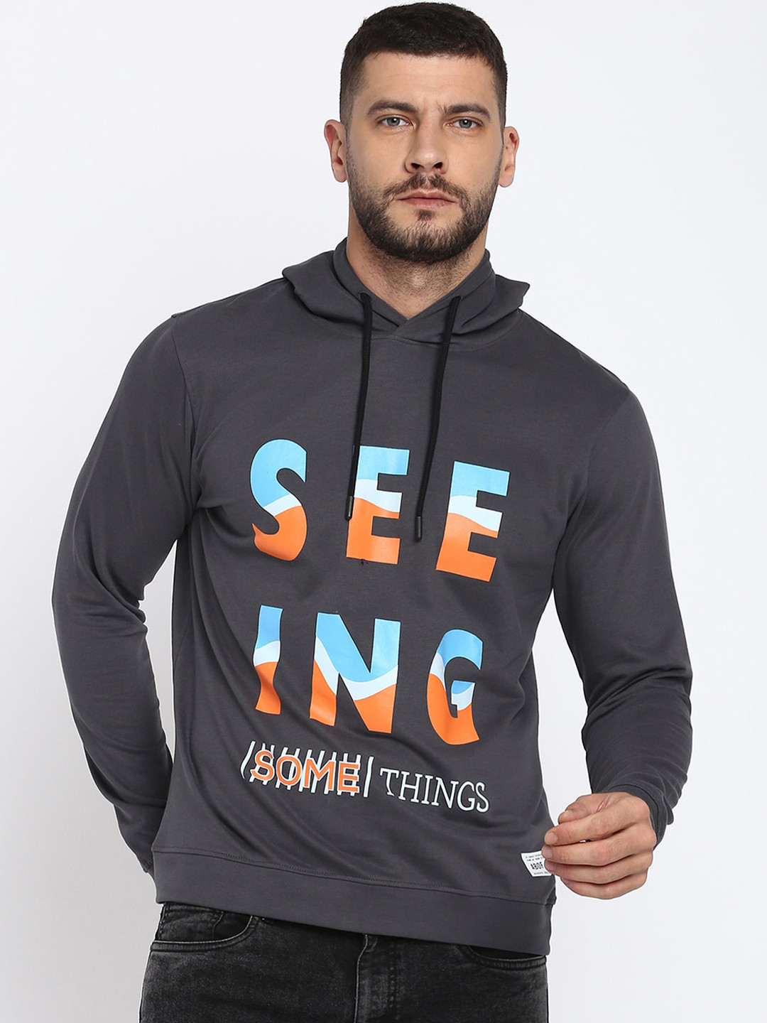 

abof Men Grey Printed Hooded Sweatshirt