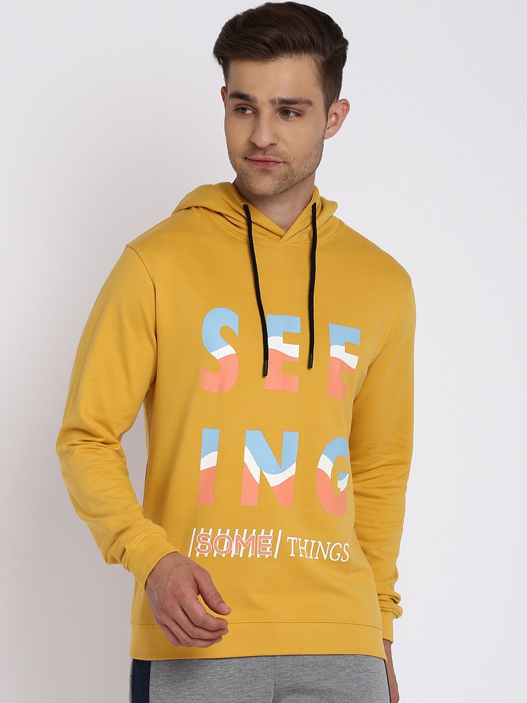 

abof Men Yellow Printed Hooded Sweatshirt