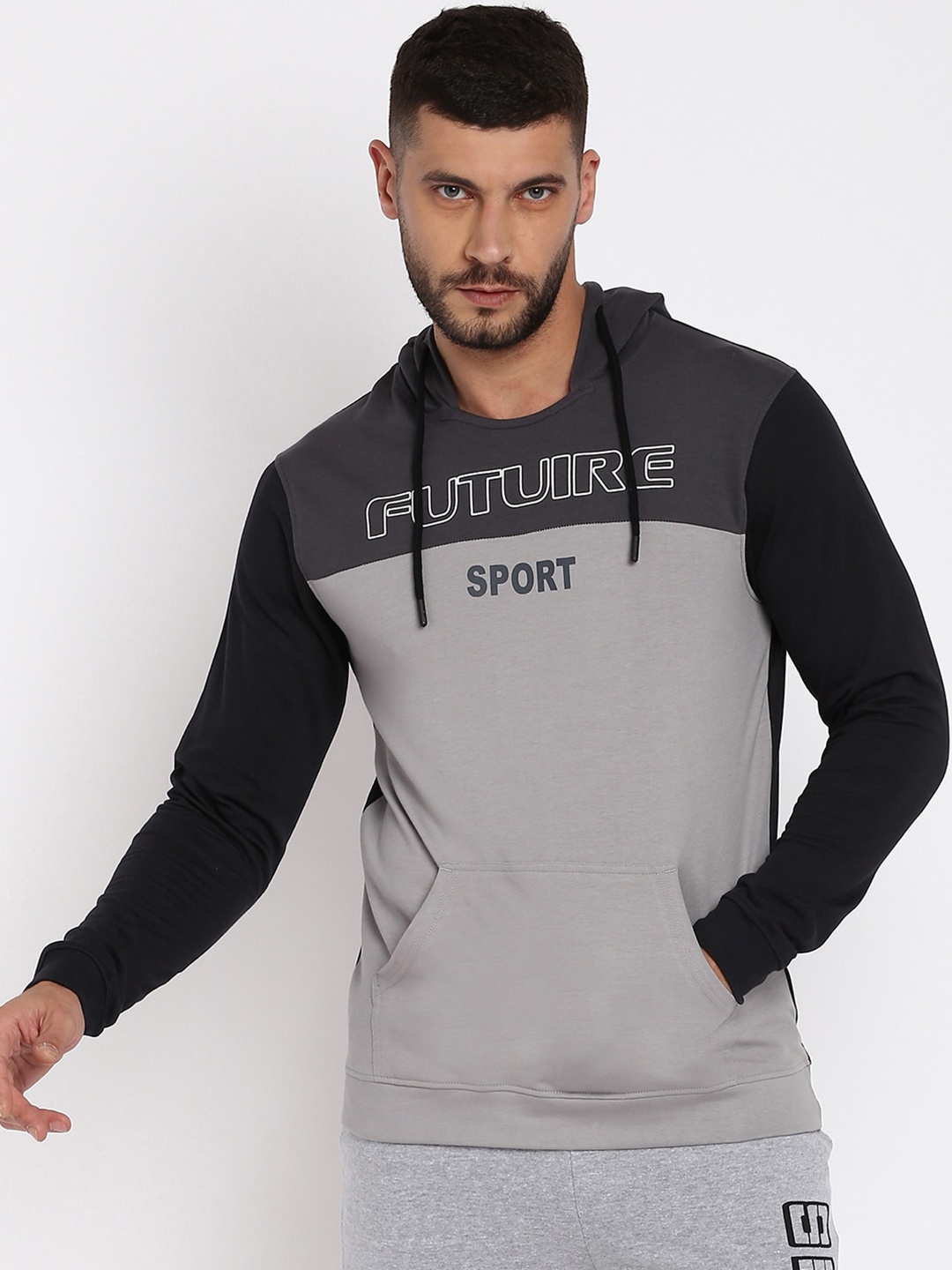 

abof Men Grey Colourblocked Hooded Sweatshirt