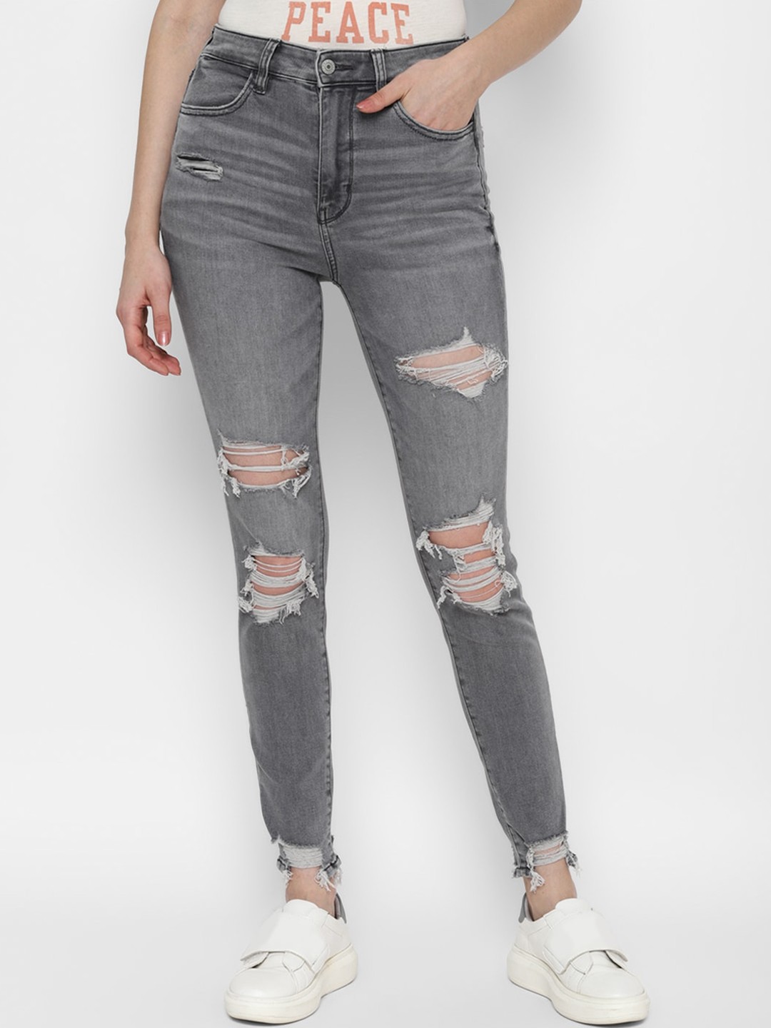 

AMERICAN EAGLE OUTFITTERS Women Grey Slim Fit Highly Distressed Light Fade Jeans
