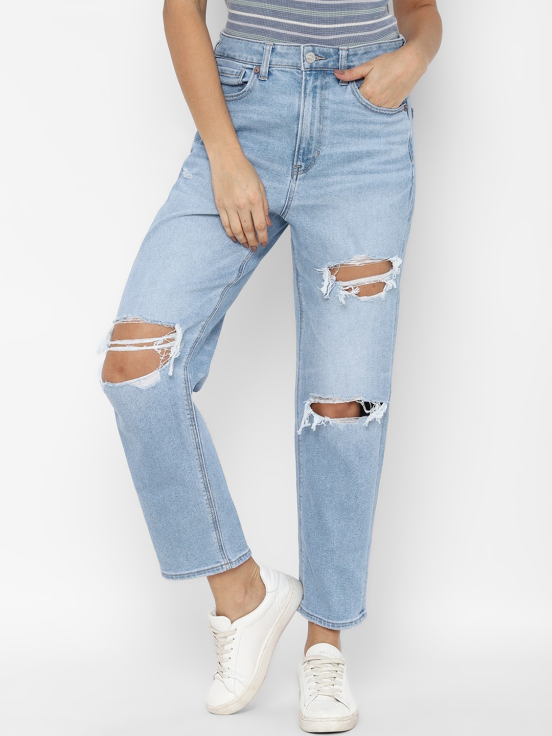 

AMERICAN EAGLE OUTFITTERS Women Blue Slim Fit Highly Distressed Heavy Fade Jeans