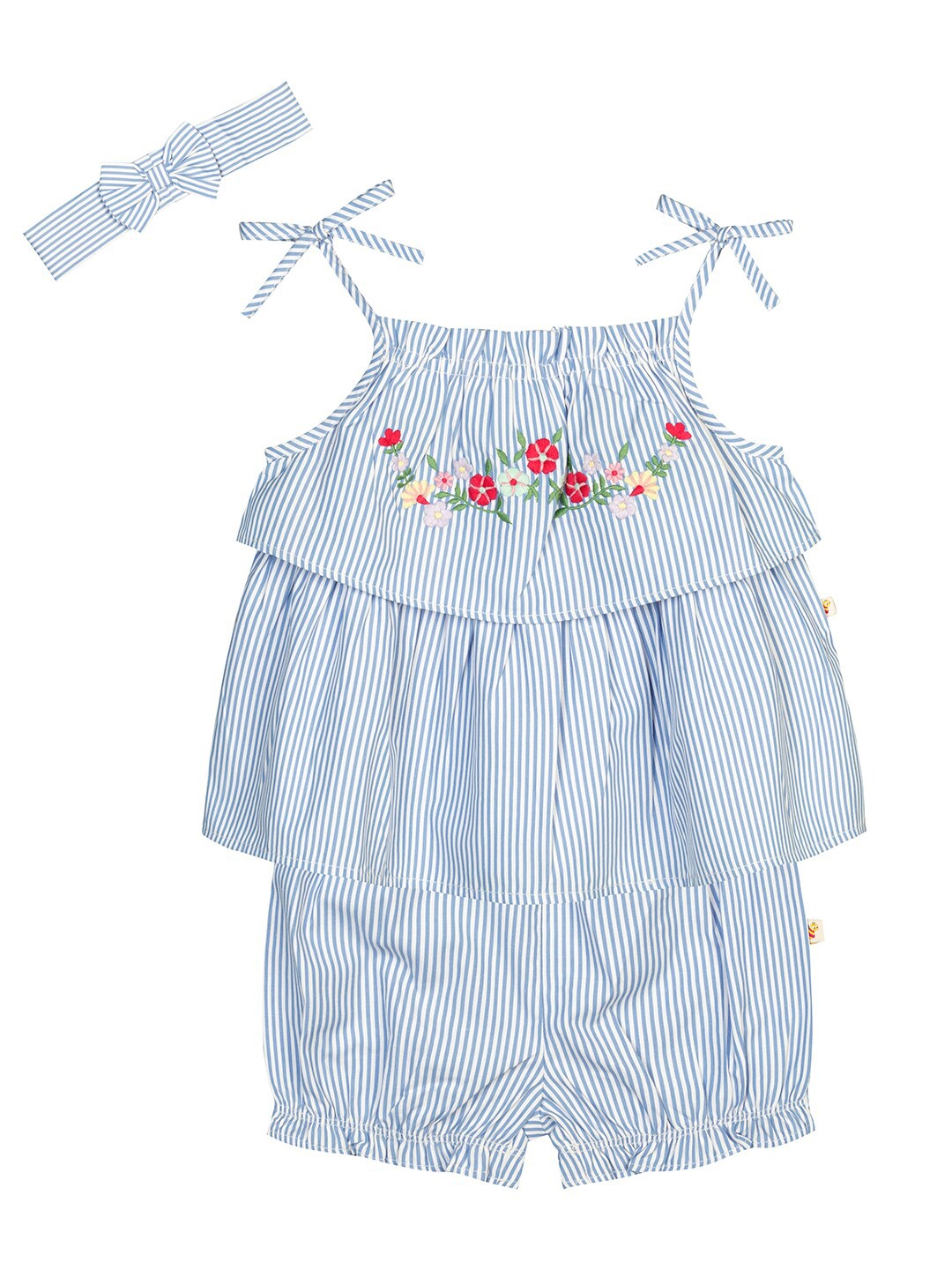 

Budding Bees Girls Blue Striped Embroidered Cotton Top with Shorts