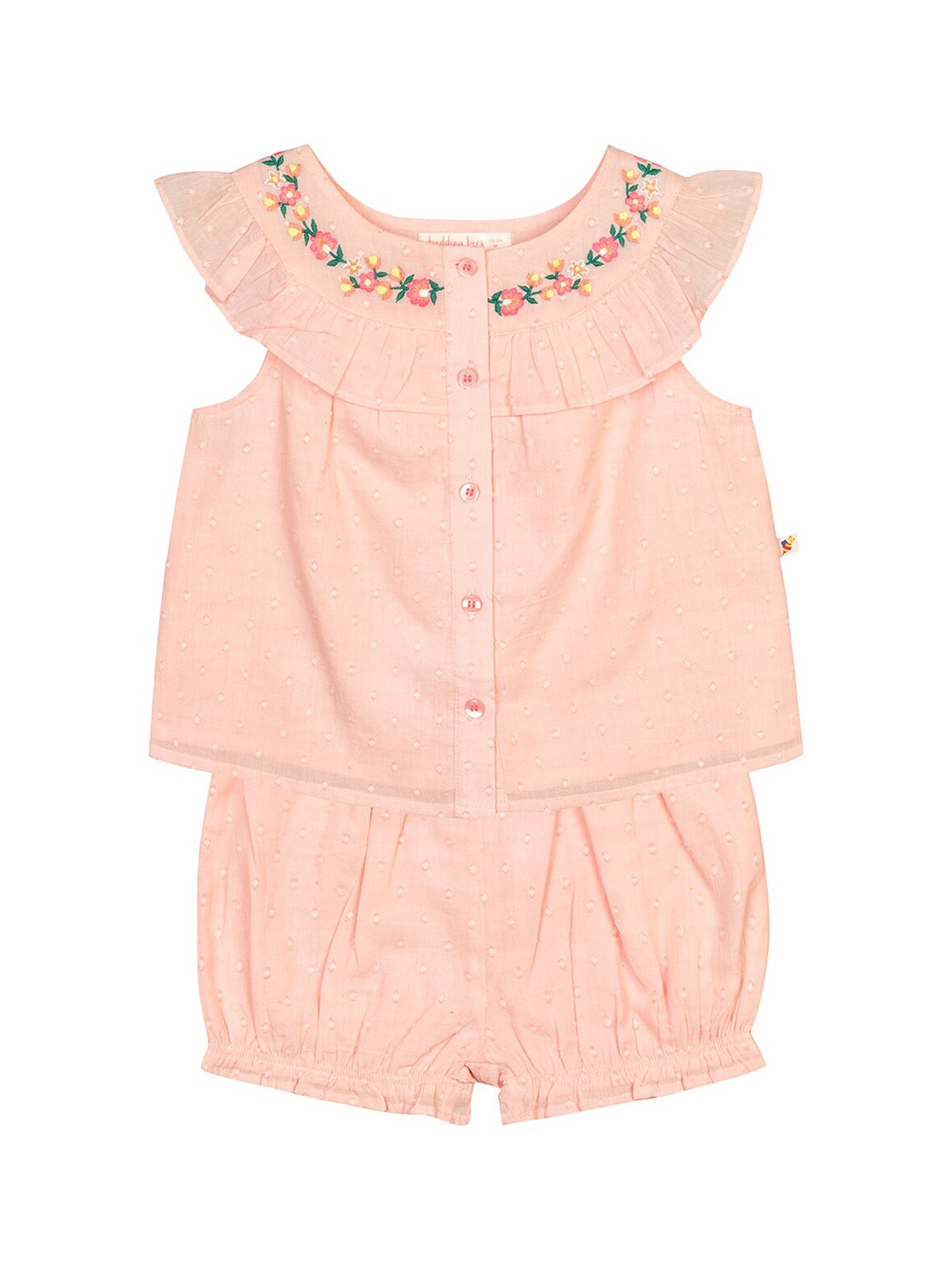 

Budding Bees Girls Peach-Coloured Embroidered Pure Cotton Top with Shorts