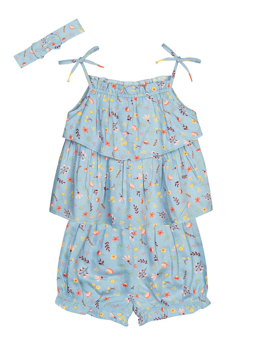 

Budding Bees Girls Blue & Yellow Printed Top with Shorts & Hairband