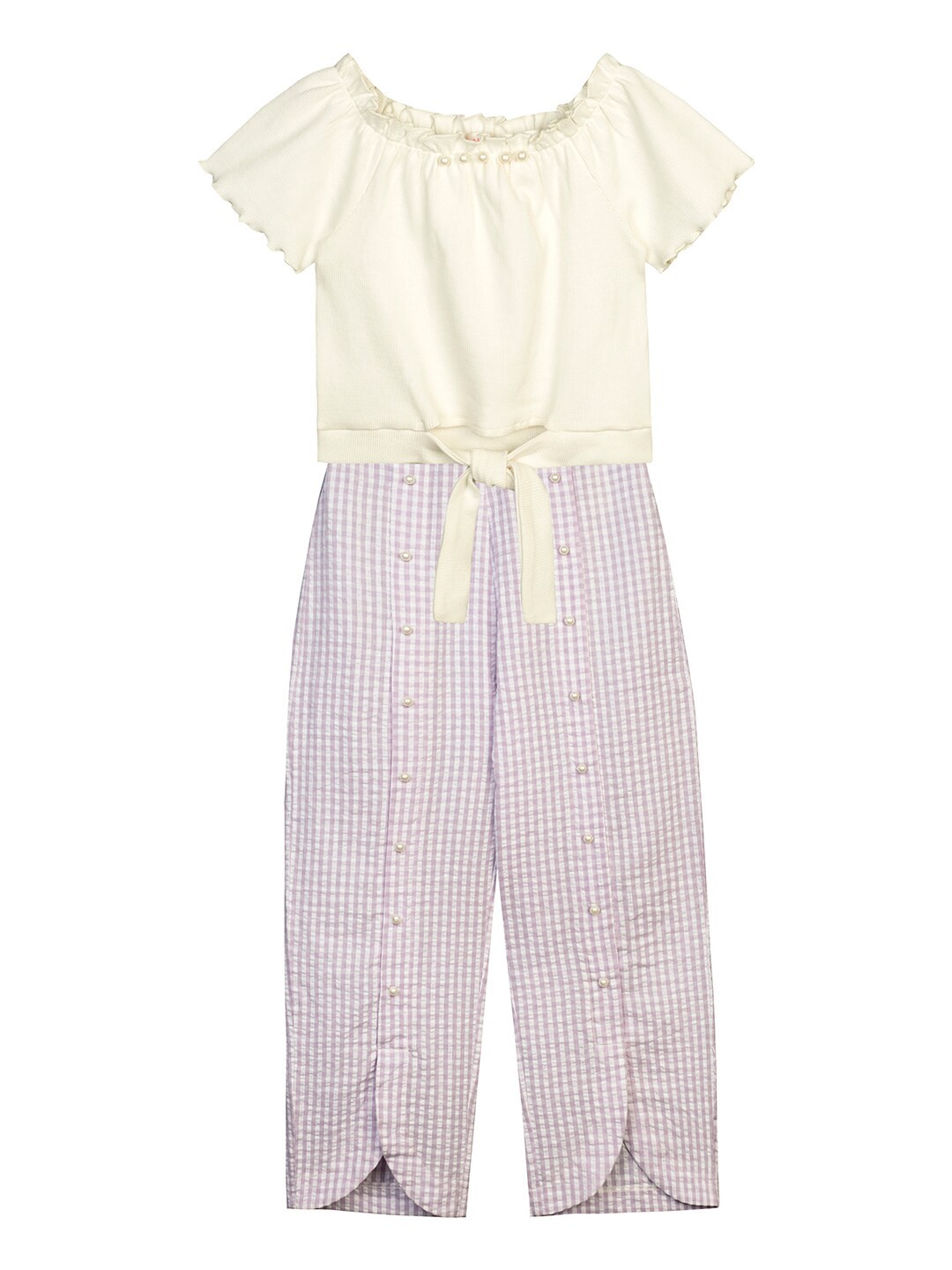 

Budding Bees Girls Off-White & Mauve Pure Cotton Top with Trousers