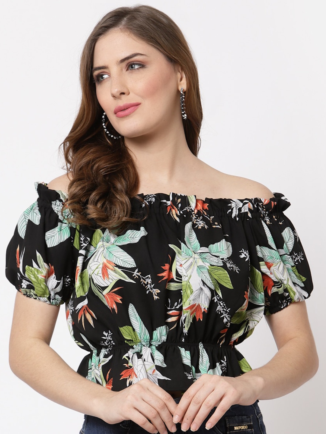 

Just Wow Multicoloured Floral Print Off-Shoulder Crepe Bardot Top, Multi