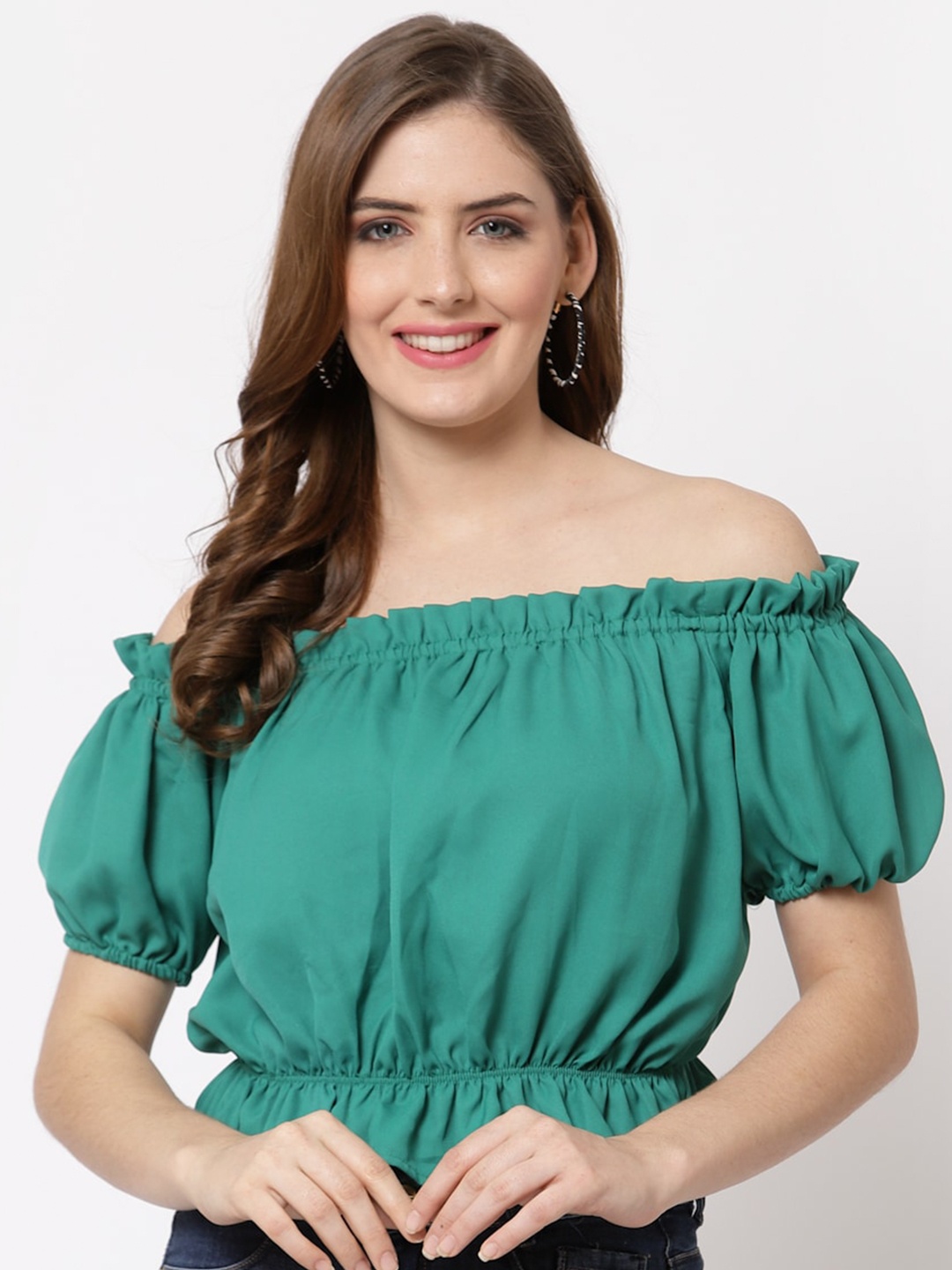 

Just Wow Green Off-Shoulder Crepe Bardot Crop Top