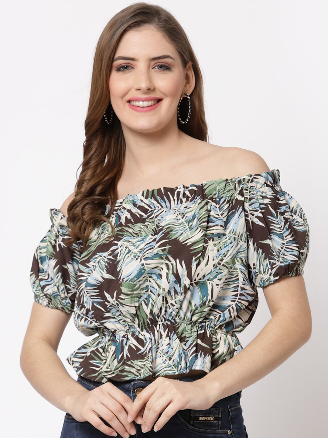 

Just Wow Multicoloured Tropical Print Off-Shoulder Bardot Crop Top, Multi