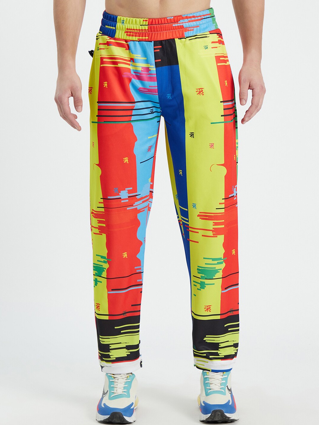 

EDRIO Men Orange & Yellow Glitch Effect Printed Track Pants