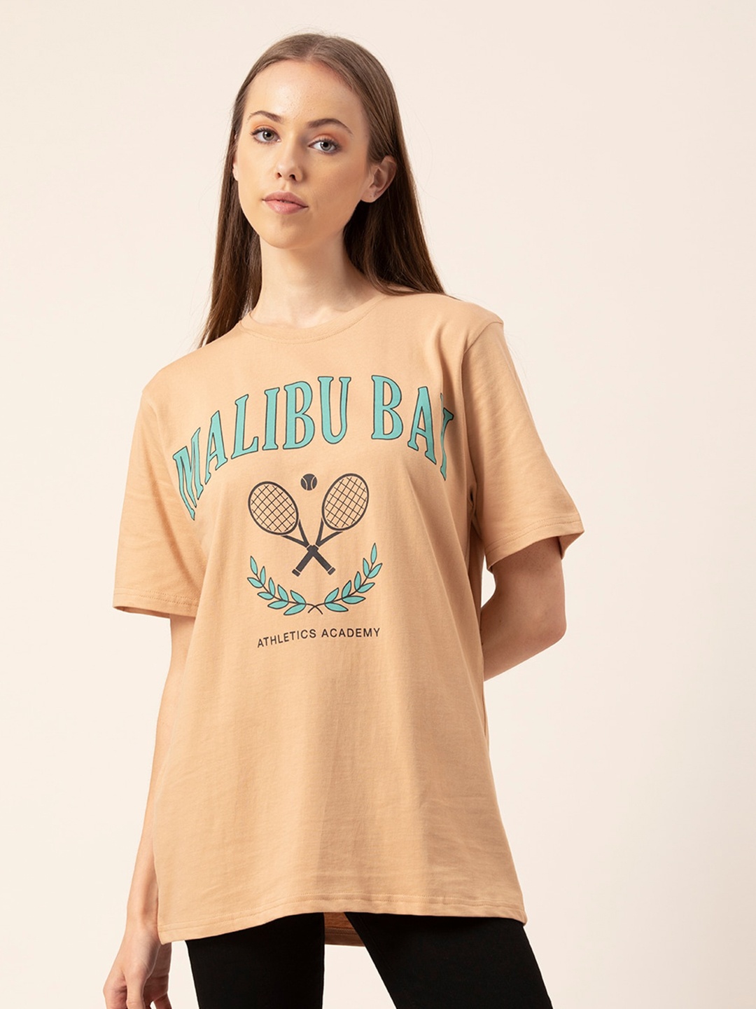 Lounge Dreams Women Beige Typography Printed Applique Oversized T-shirt