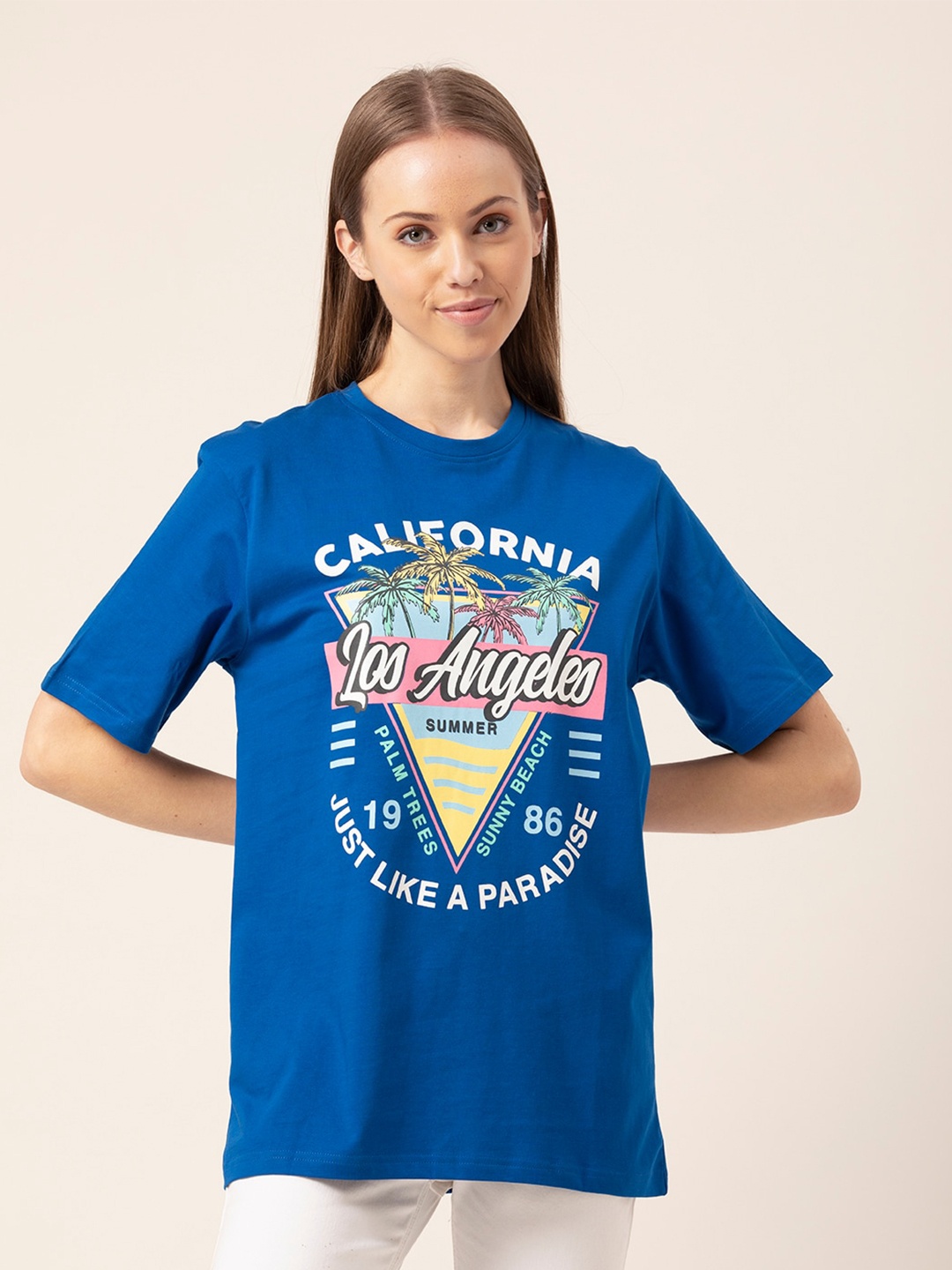 

Lounge Dreams Women Blue Printed Oversized T-shirt