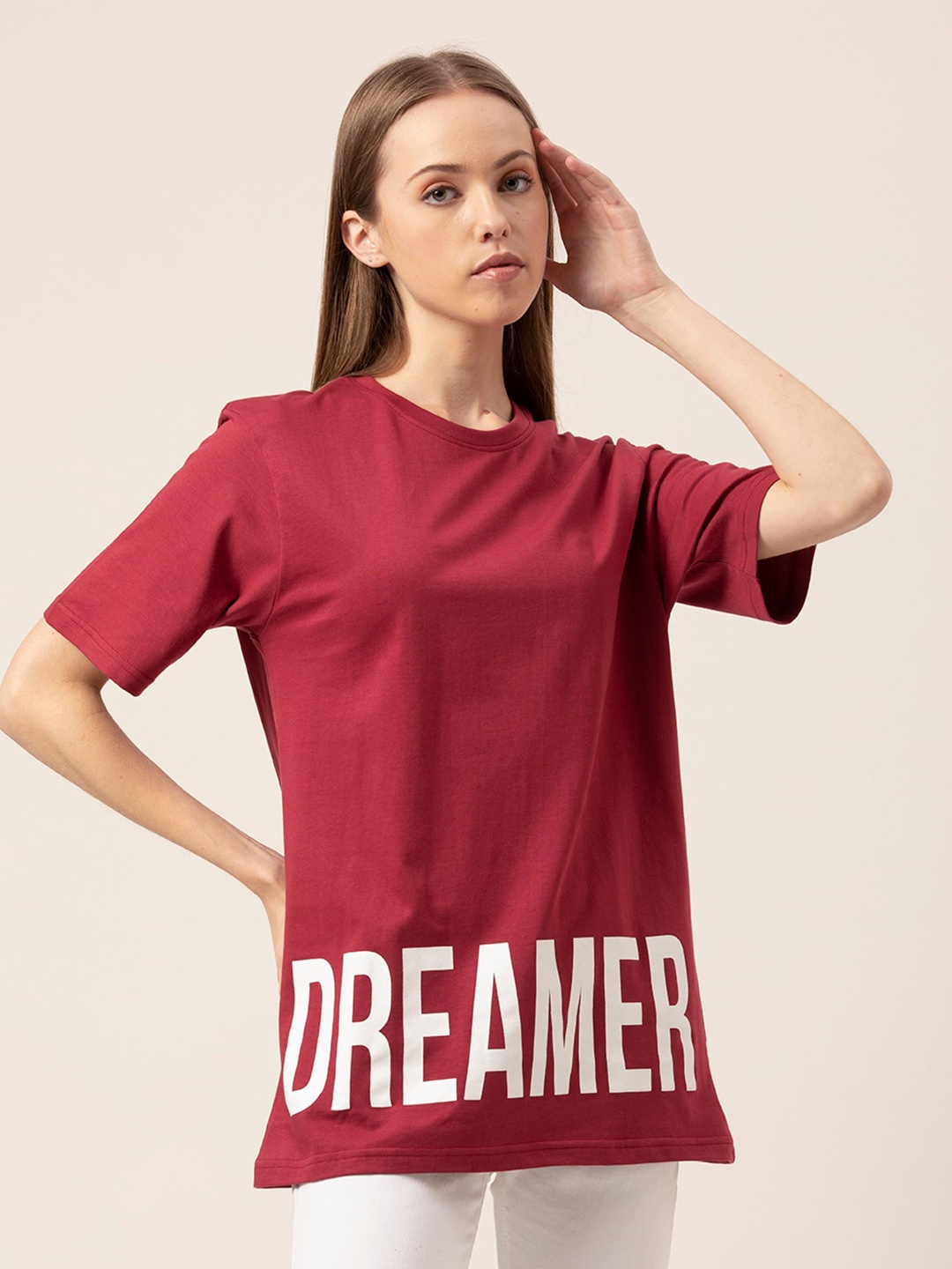 

Lounge Dreams Women Burgundy Typography Printed Oversized T-shirt