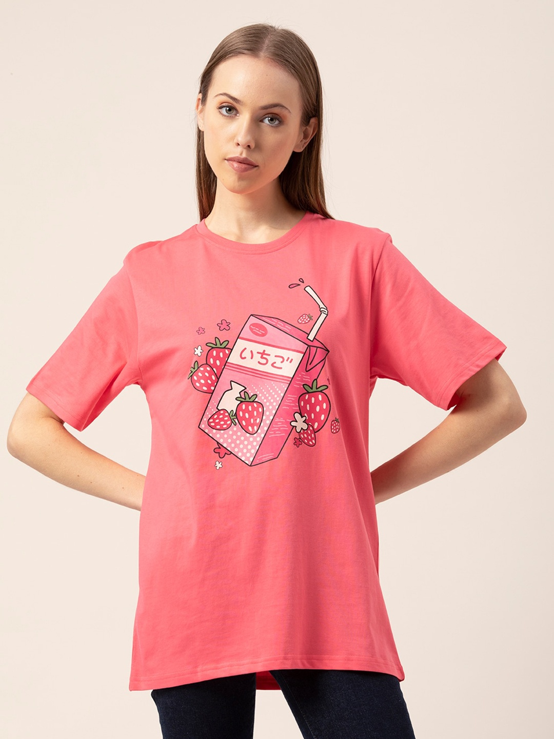 

Lounge Dreams Women Typography Printed Pure Cotton Oversized Tshirt, Pink