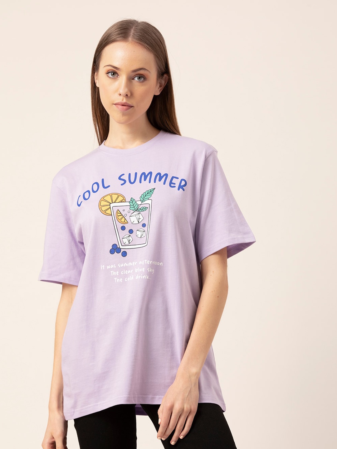 

Lounge Dreams Women Lavender Typography Printed Oversized T-shirt