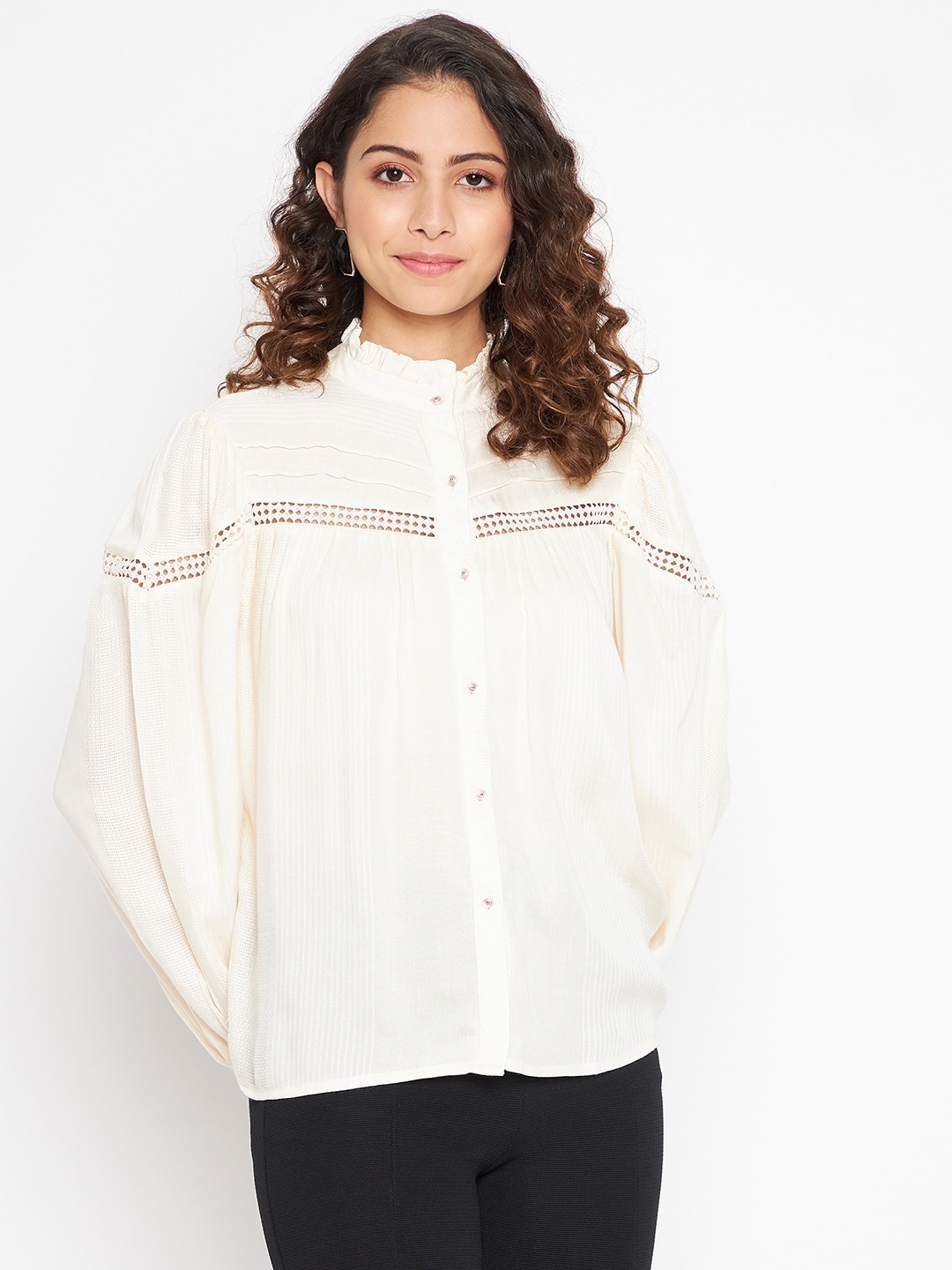 

Madame Beige Mandarin Collar Extended Sleeves Net Shirt Style Top