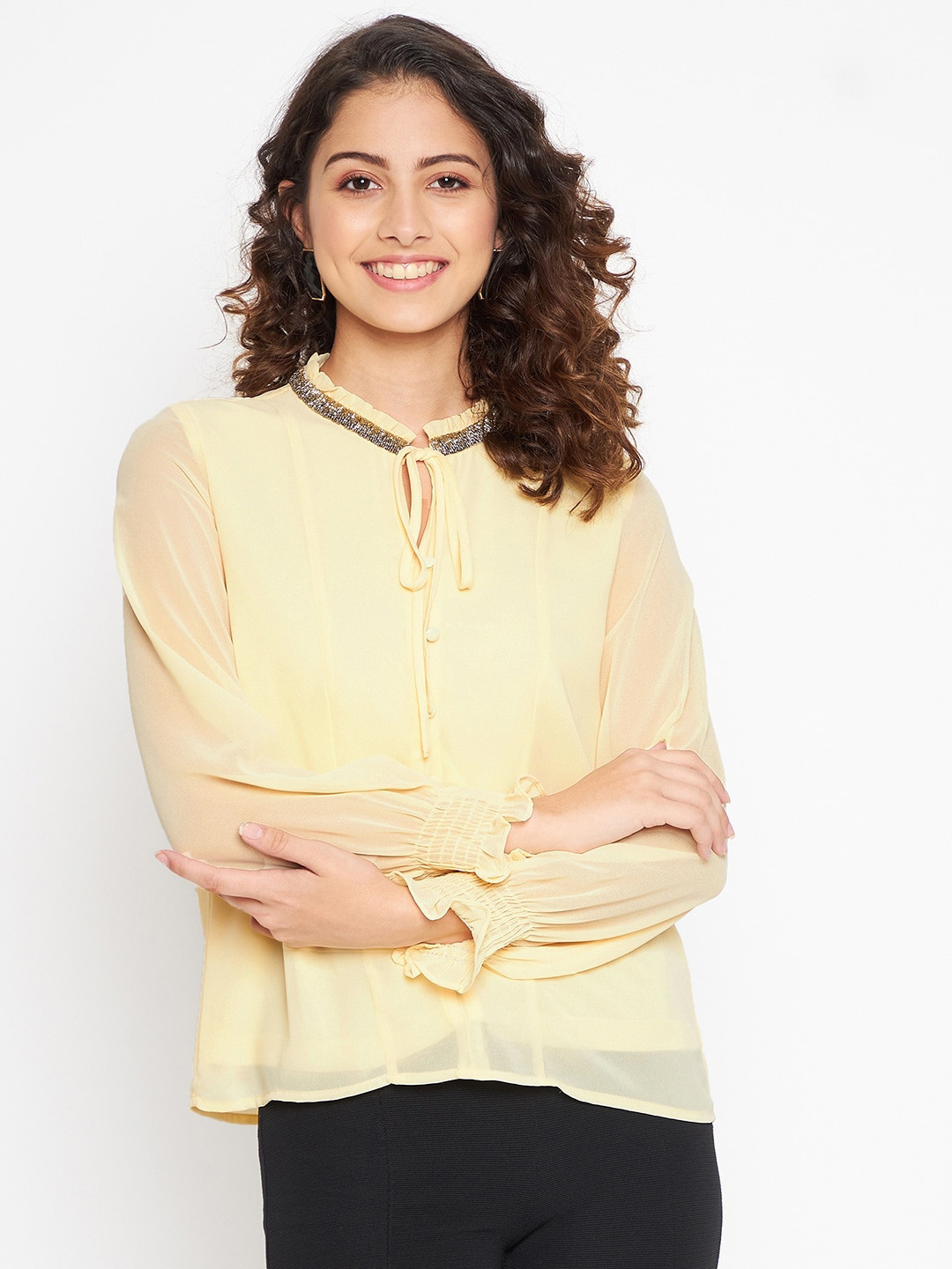 

Madame Lime Green Tie-Up Neck Net Top