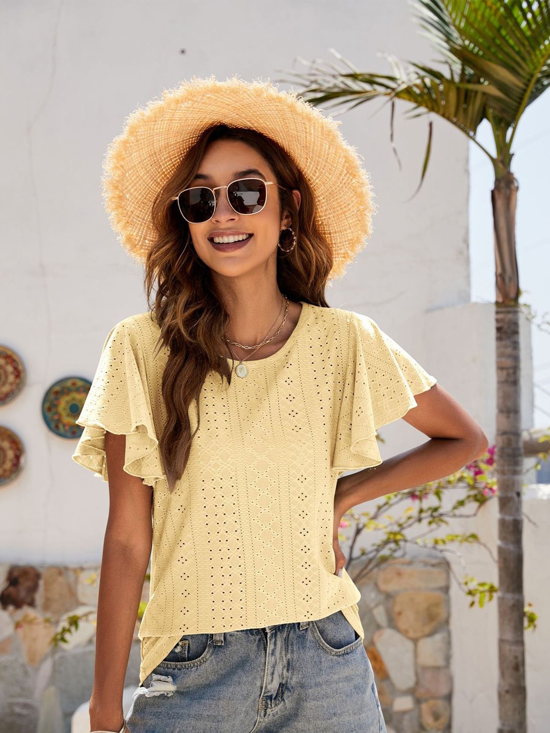

BoStreet Yellow Self Design Flutter Sleeves Top