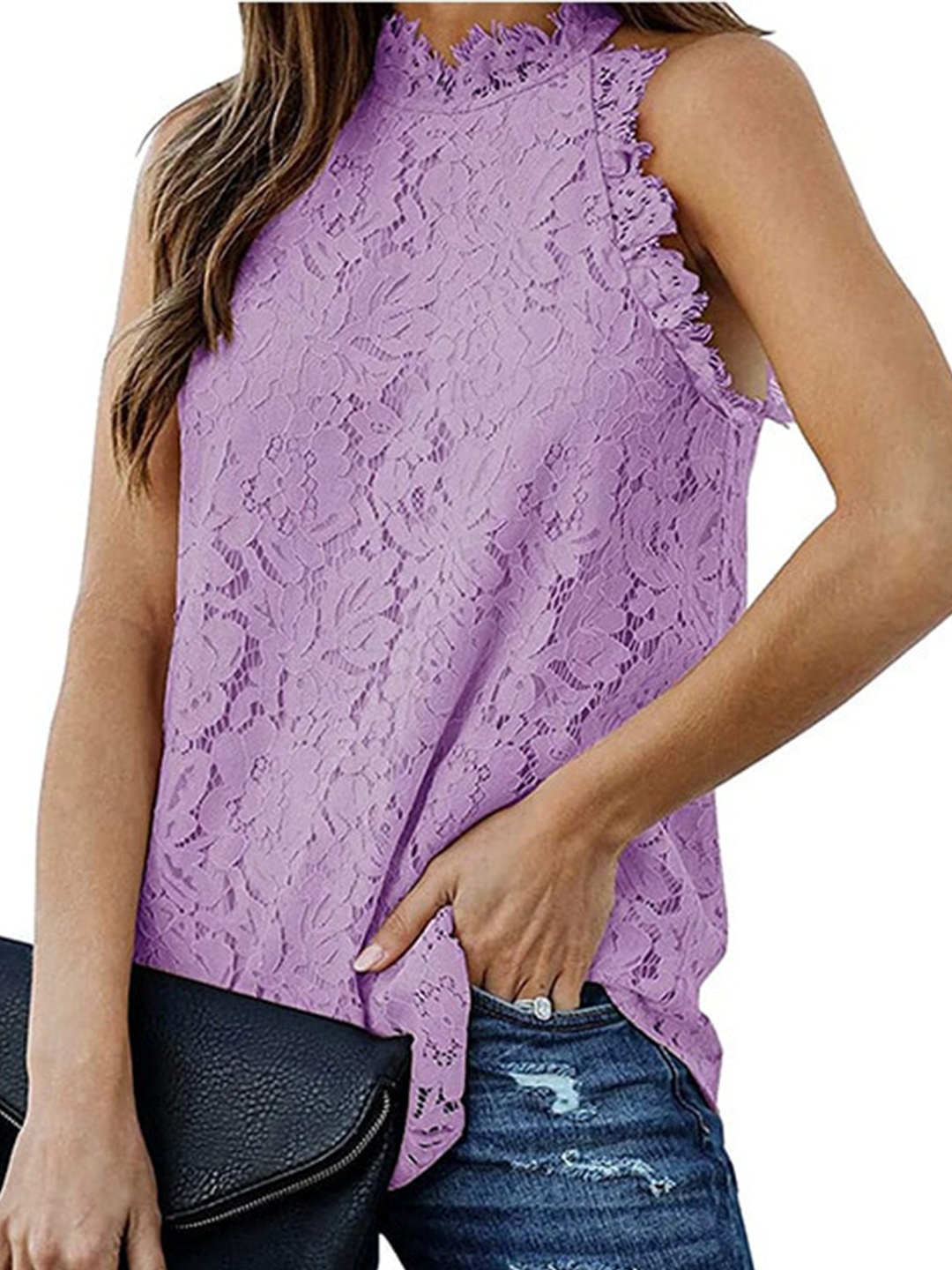 

StyleCast Purple High Neck Self Design Regular Lace Top