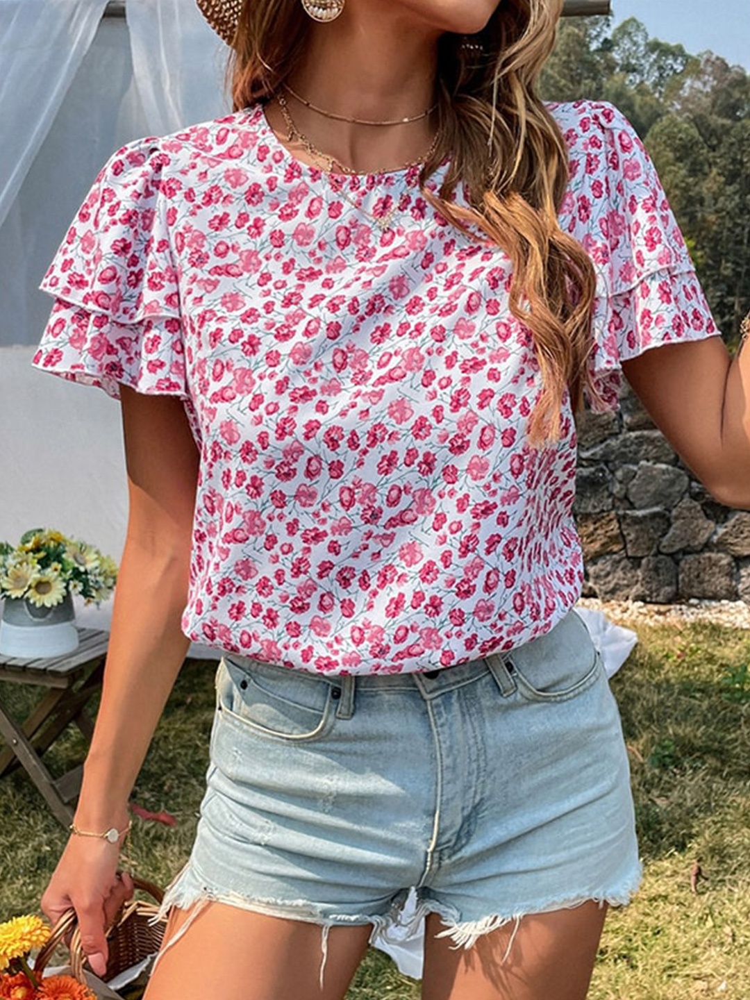 

BoStreet Pink Floral Print Ruffles Top