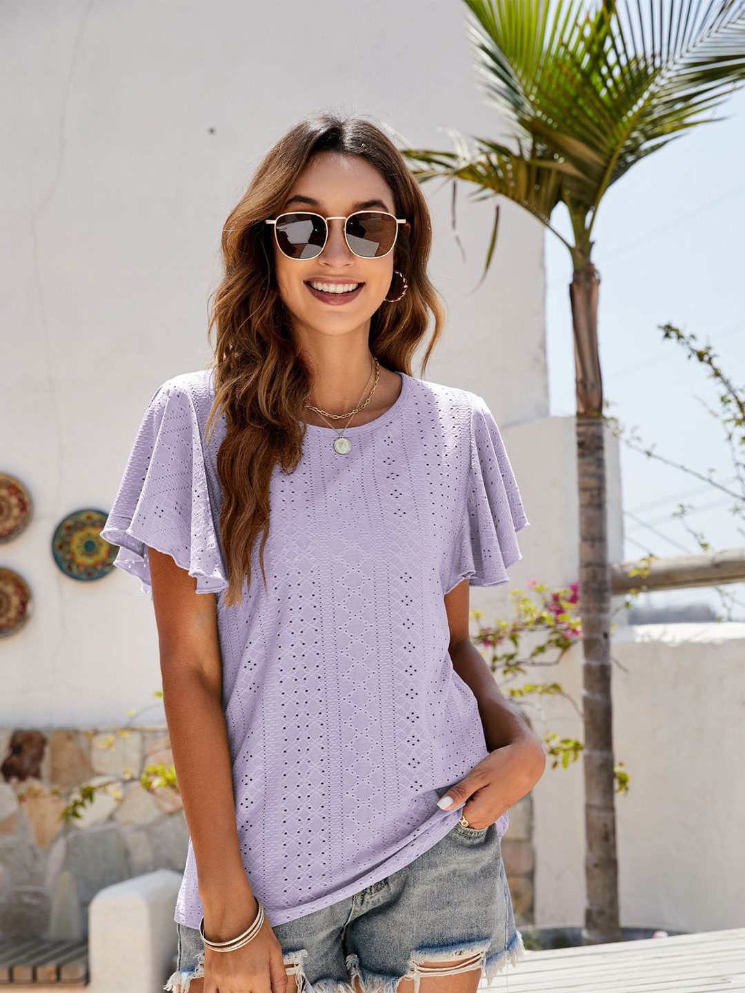 

BoStreet Lavender Self Design Schiffli Top