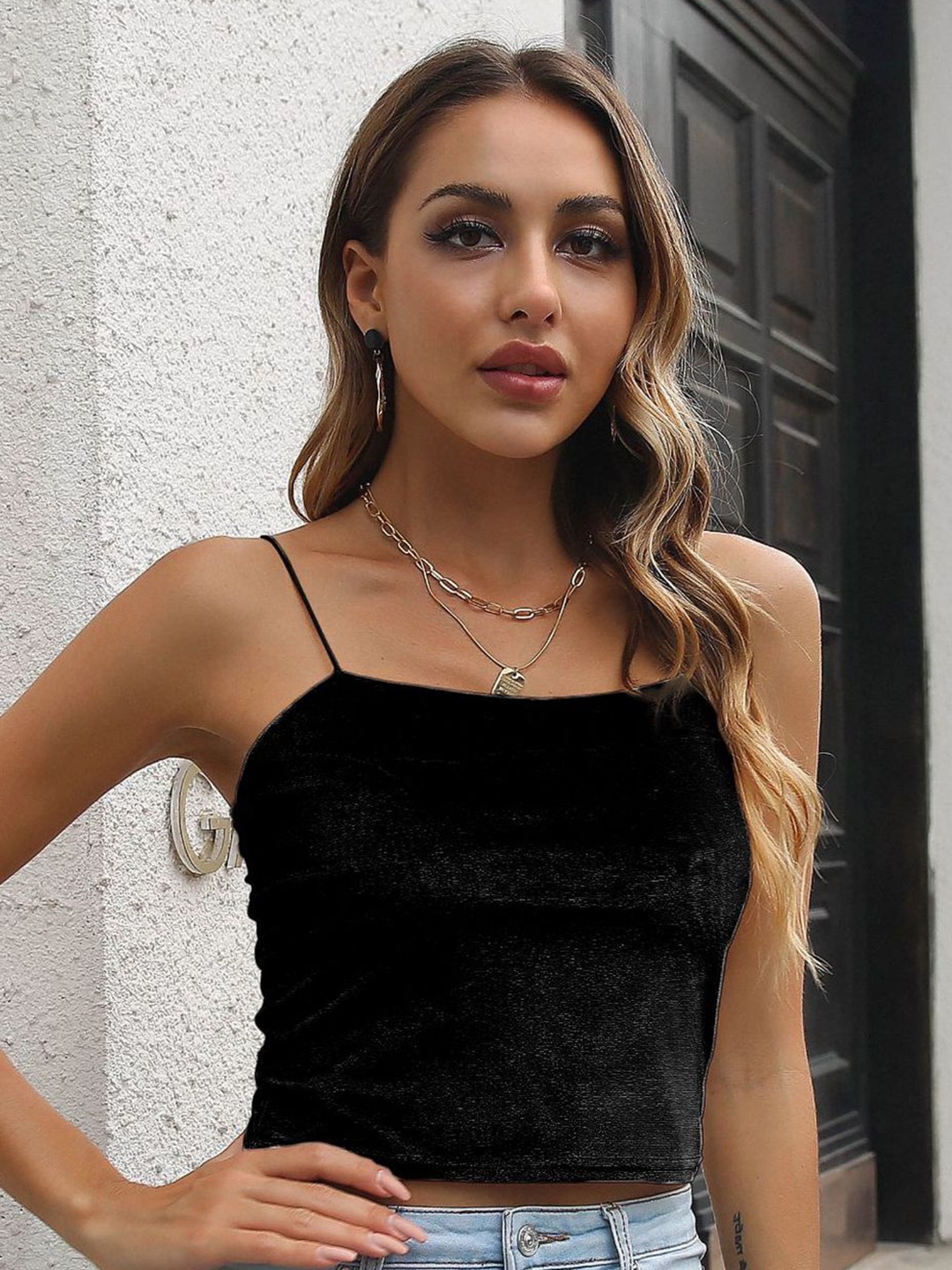 

StyleCast Black Shoulder Straps Fitted Top