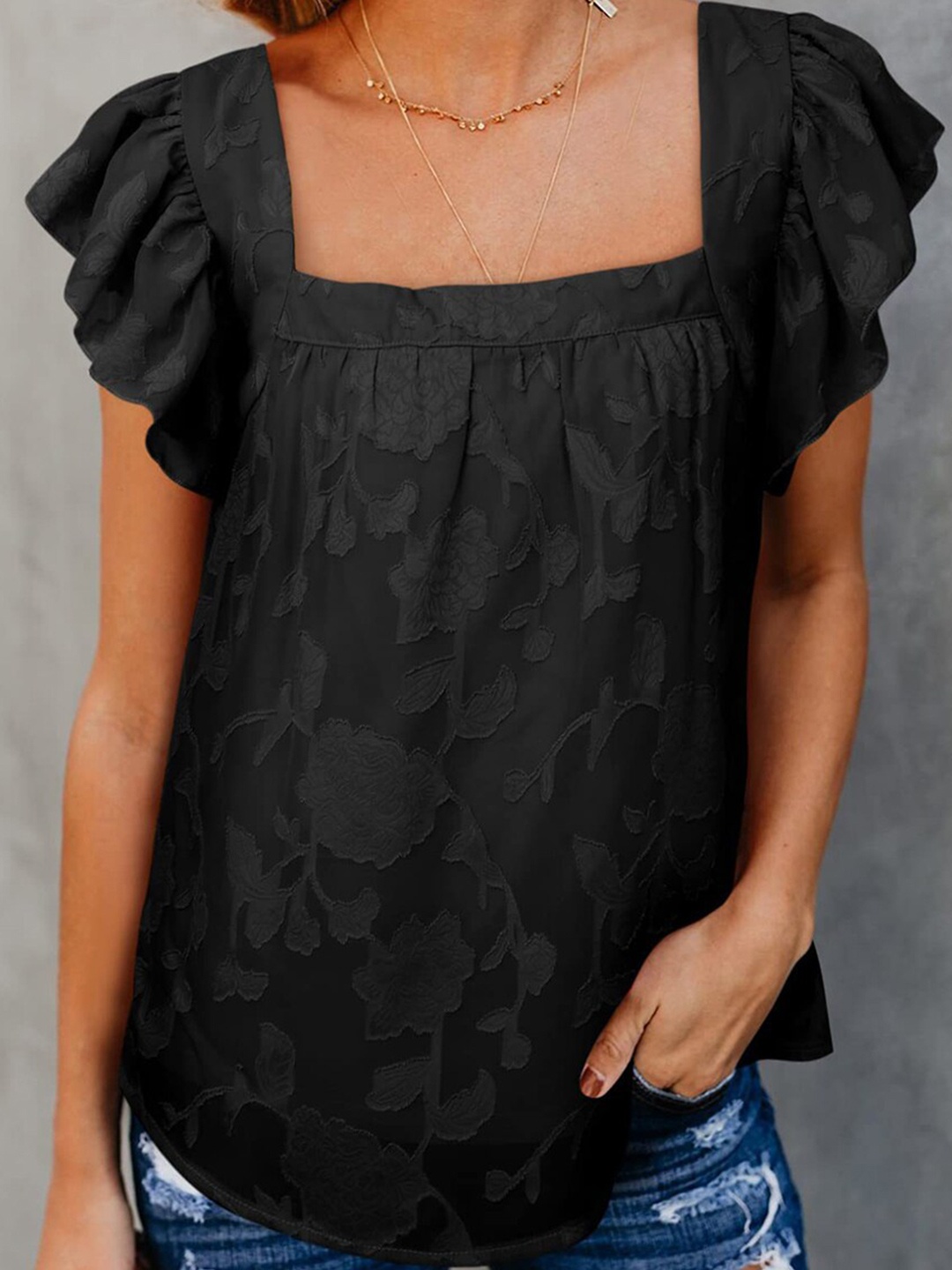 

BoStreet Black Print Styled Back Top