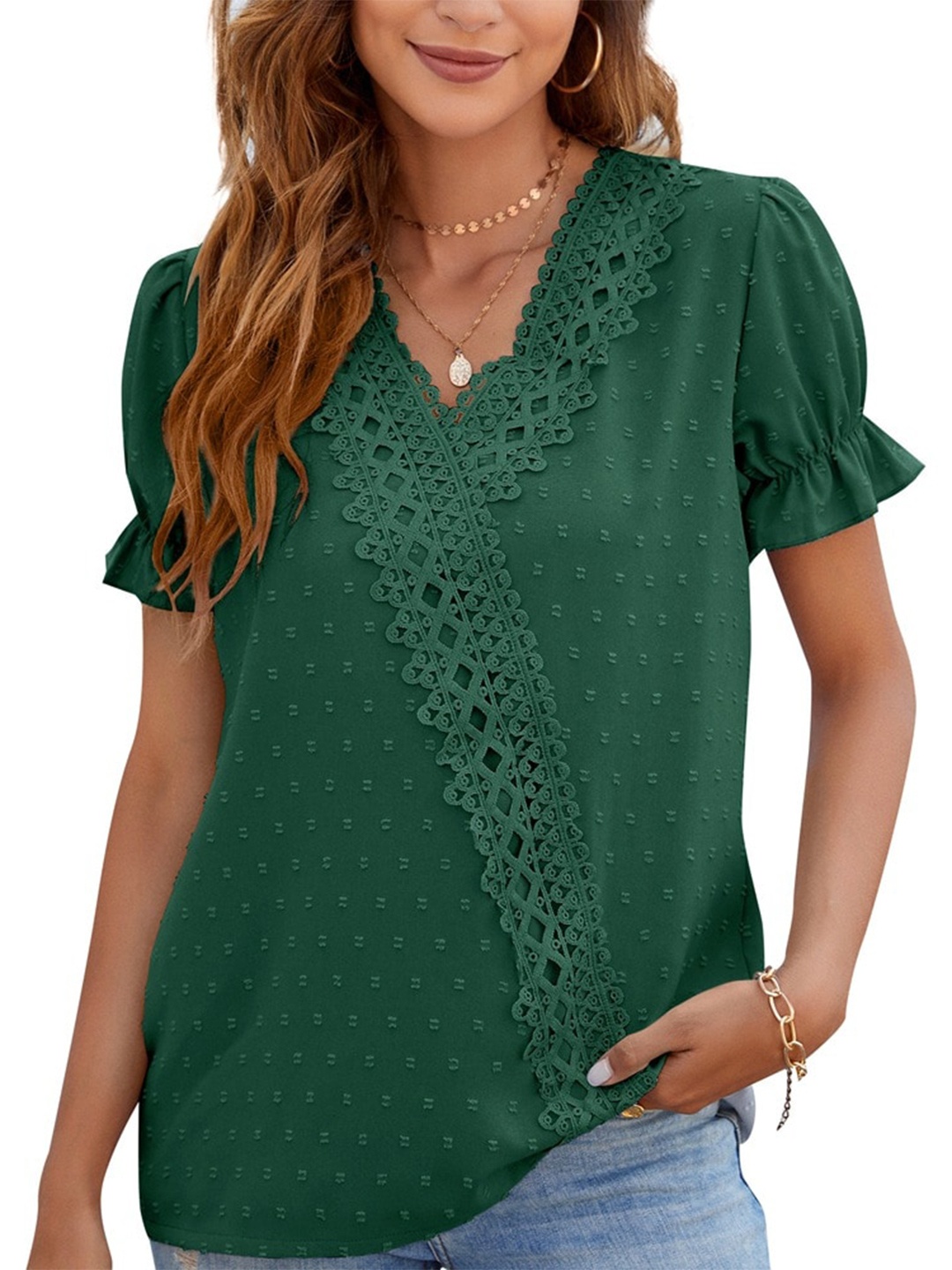 

BoStreet Green Dobby Lace Inserted Puff Sleeves Top
