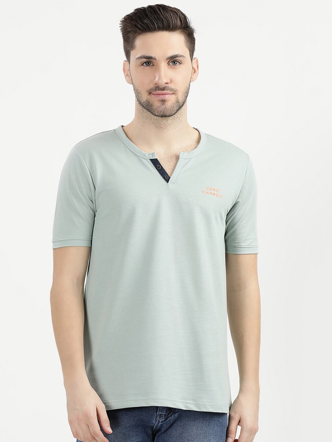 

V2 Value & Variety Men Green Henley Neck Applique T-shirt