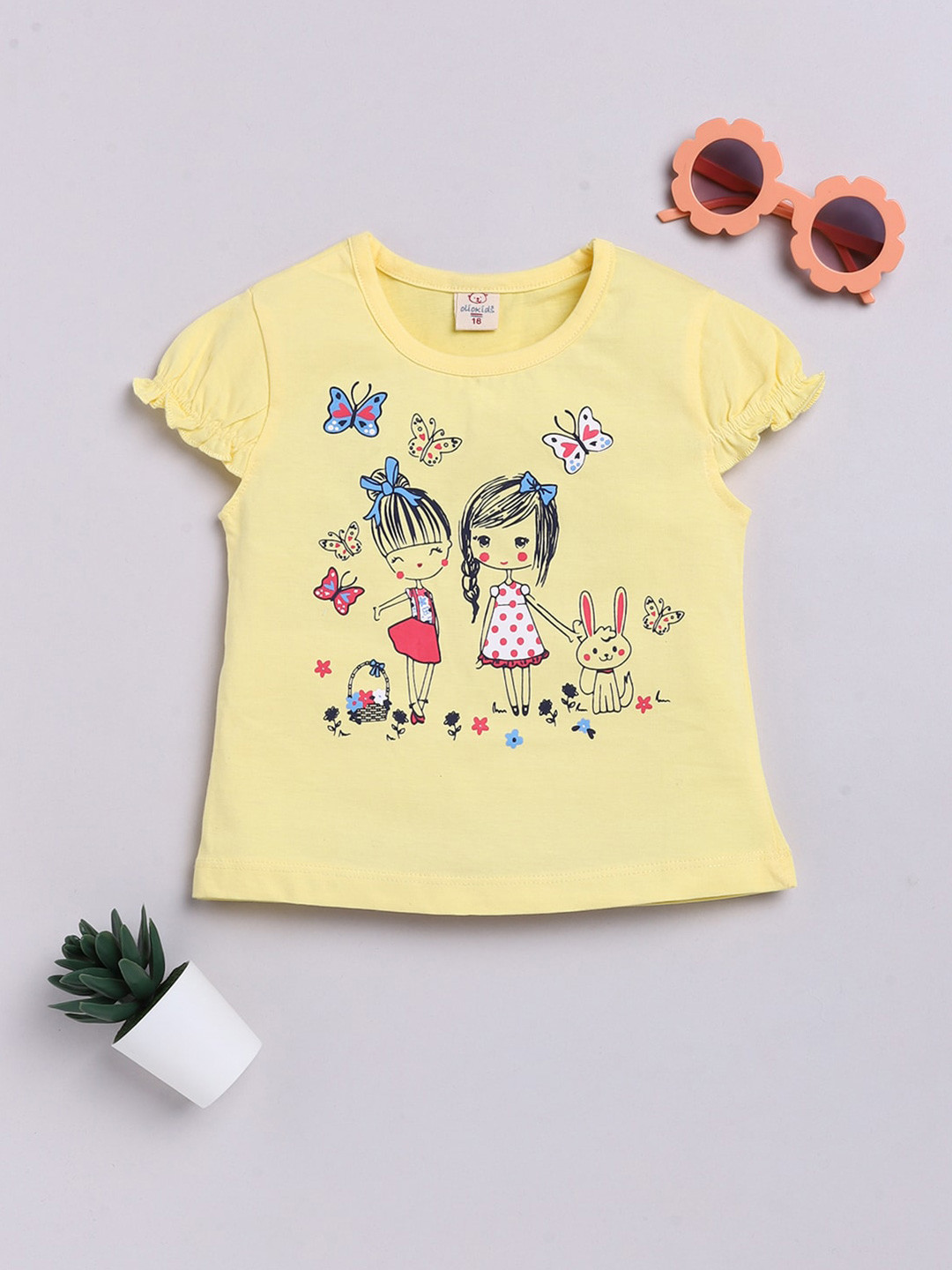

Olio Kids Girls Yellow Printed V-Neck Extended Sleeves T-shirt