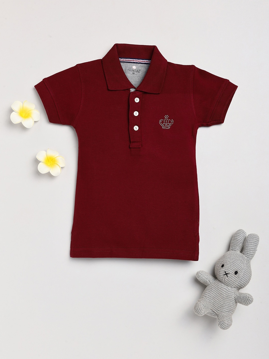 

Olio Kids Girls Maroon Polo Collar Applique T-shirt