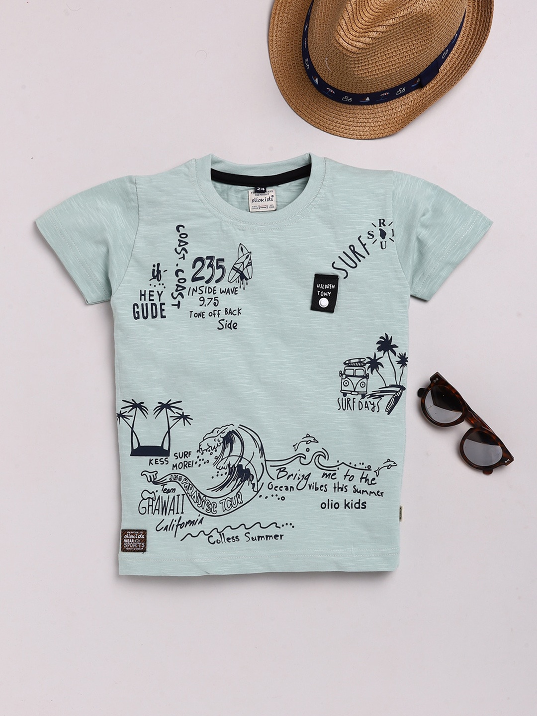 

Olio Kids Boys Green Printed Extended Sleeves Applique T-shirt