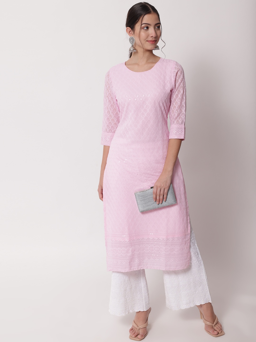 

Shopping Queen Women Pink Floral Embroidered Kurti with Palazzos
