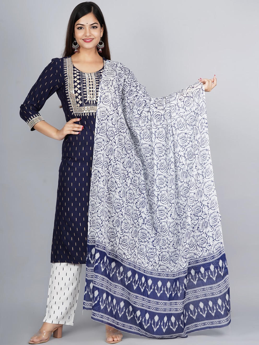 

NITVAN Women Navy Blue Ethnic Motifs Printed Sequinned Kurti with Palazzos & With Dupatta