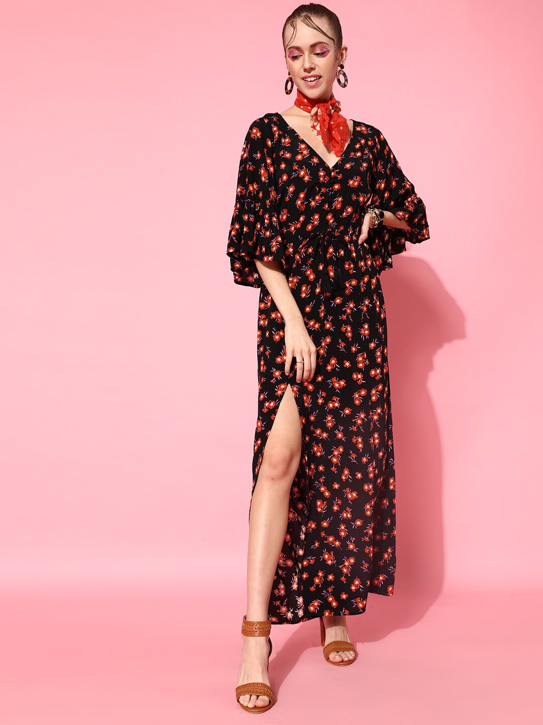 

STREET 9 Black Floral Crepe A-Line Dress