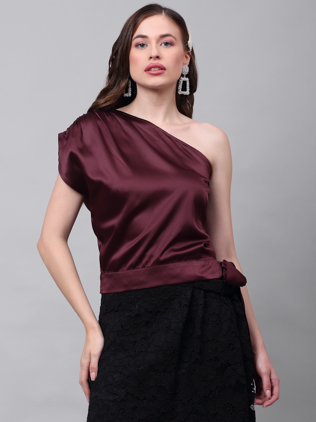 

NEUDIS Burgundy One Shoulder Extended Sleeves Satin Top