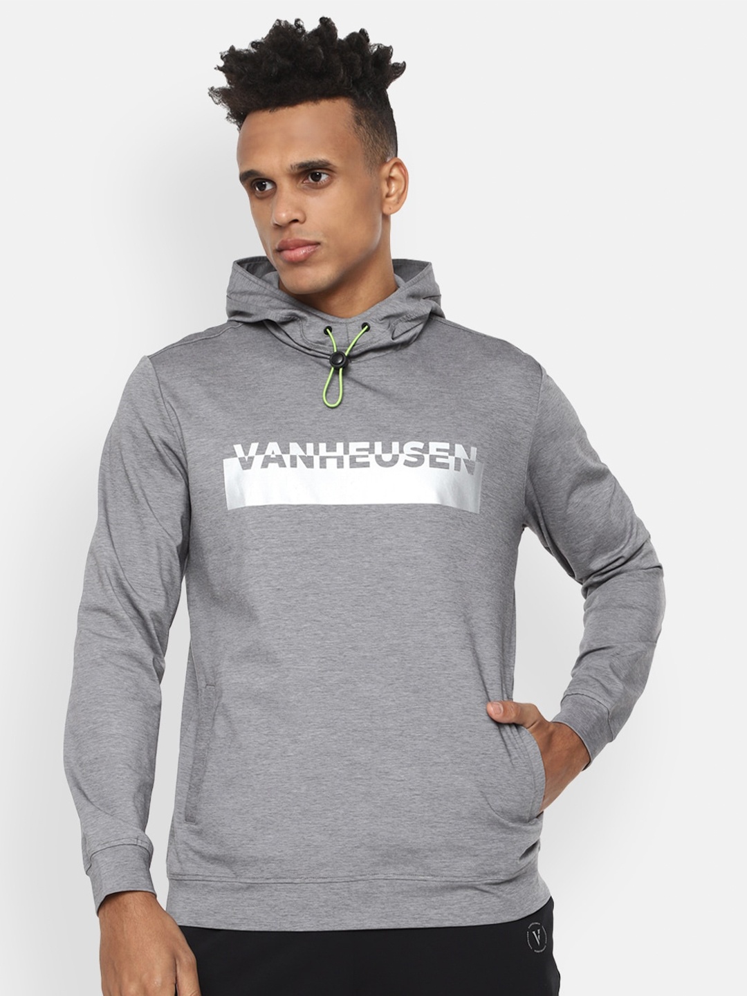 

Van Heusen Flex Men Grey Printed Hooded Sweatshirt