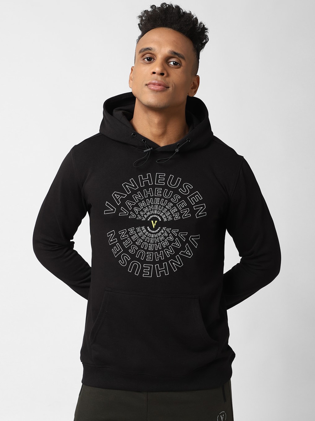 

Van Heusen Flex Men Black Printed Hooded Sweatshirt