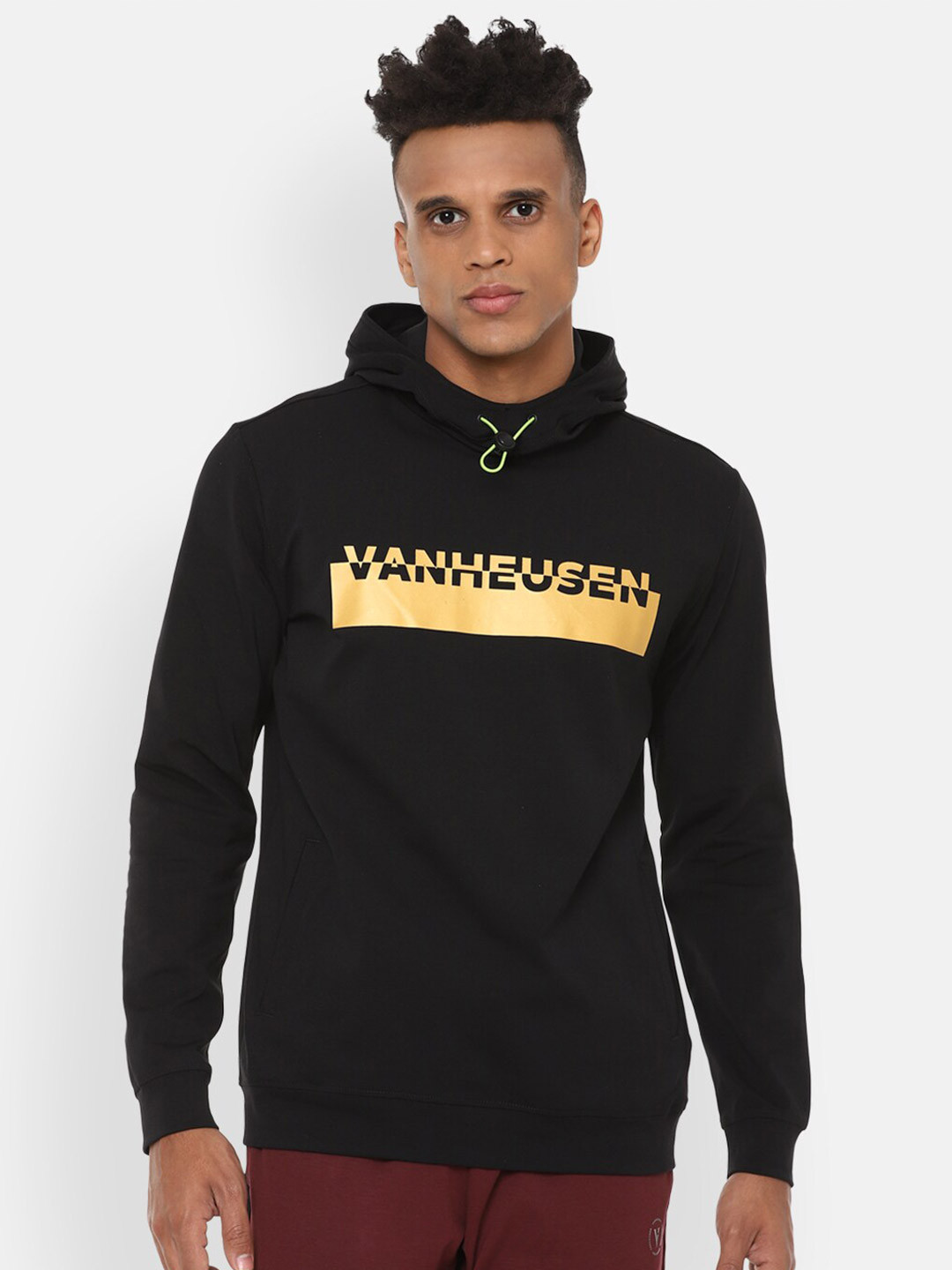 

Van Heusen Flex Men Black Printed Hooded Running Sweatshirt