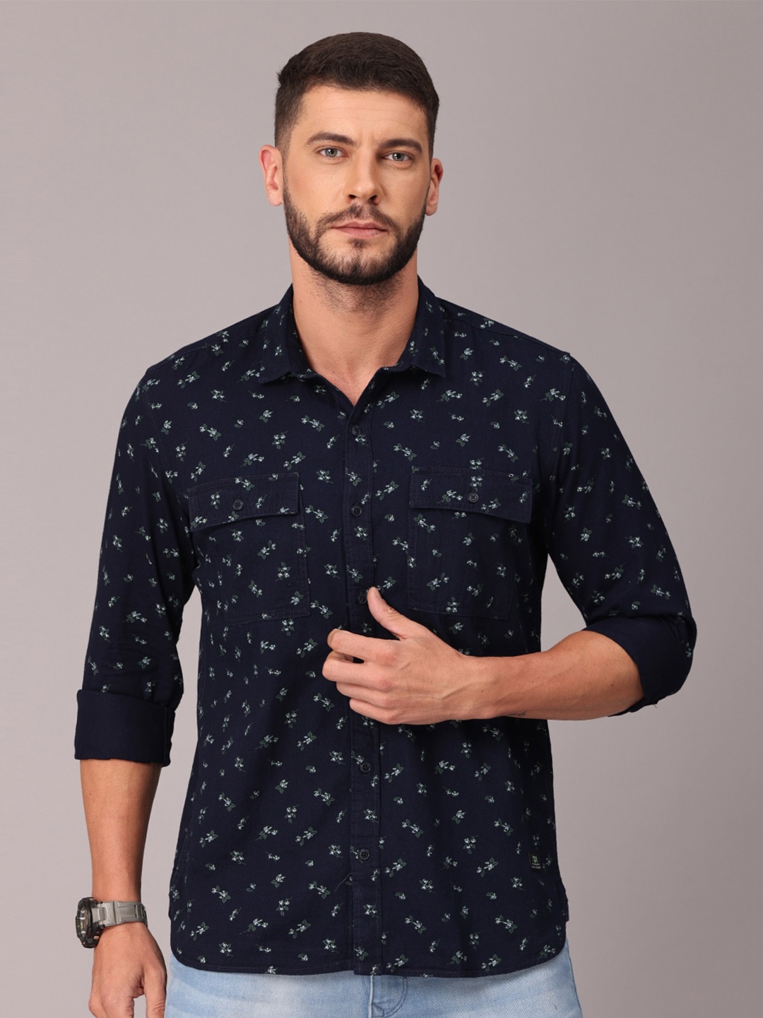 

FOGA Men Green Classic Slim Fit Printed Casual Shirt