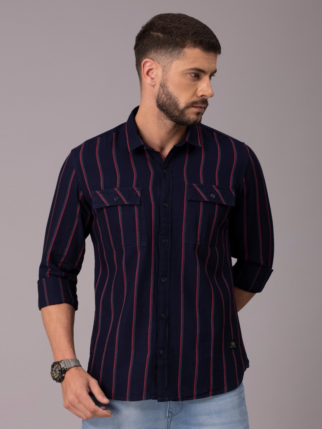 

FOGA Men Red Classic Slim Fit Striped Casual Shirt