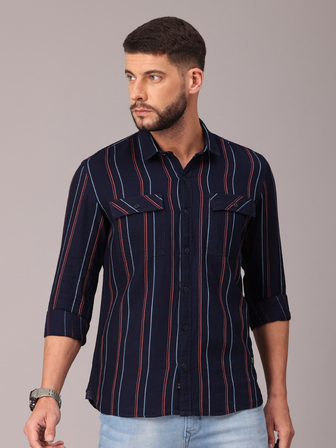 

FOGA Men Orange Classic Slim Fit Striped Casual Shirt