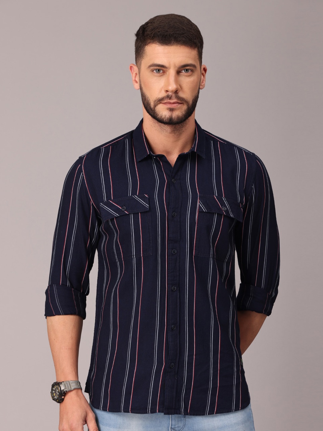 

FOGA Men Grey Classic Slim Fit Striped Casual Shirt