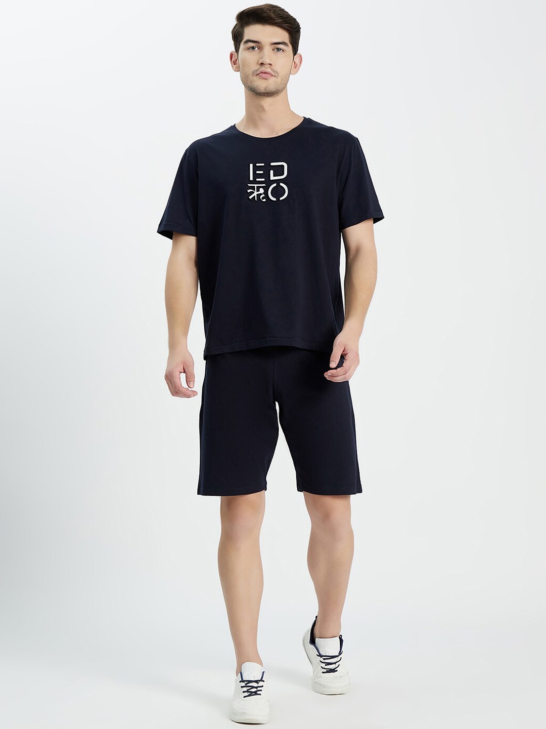 

EDRIO Men Navy Blue Pure Cotton T-Shirts & Shorts Co-ords Set
