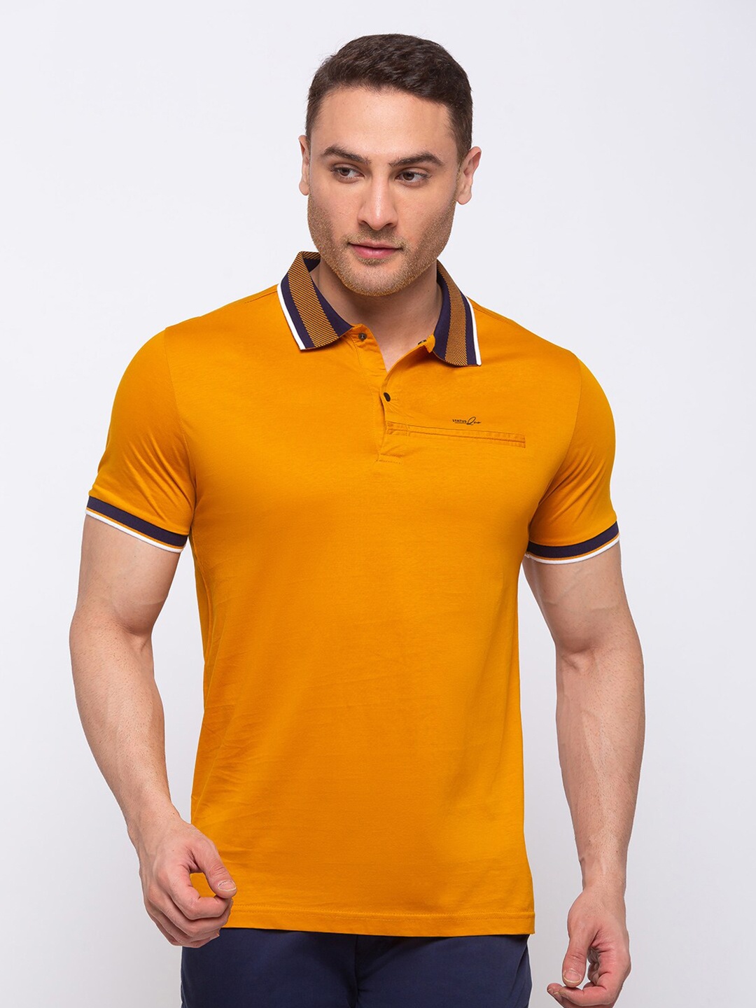 

Status Quo Men Mustard Yellow Polo Collar Slim Fit T-shirt