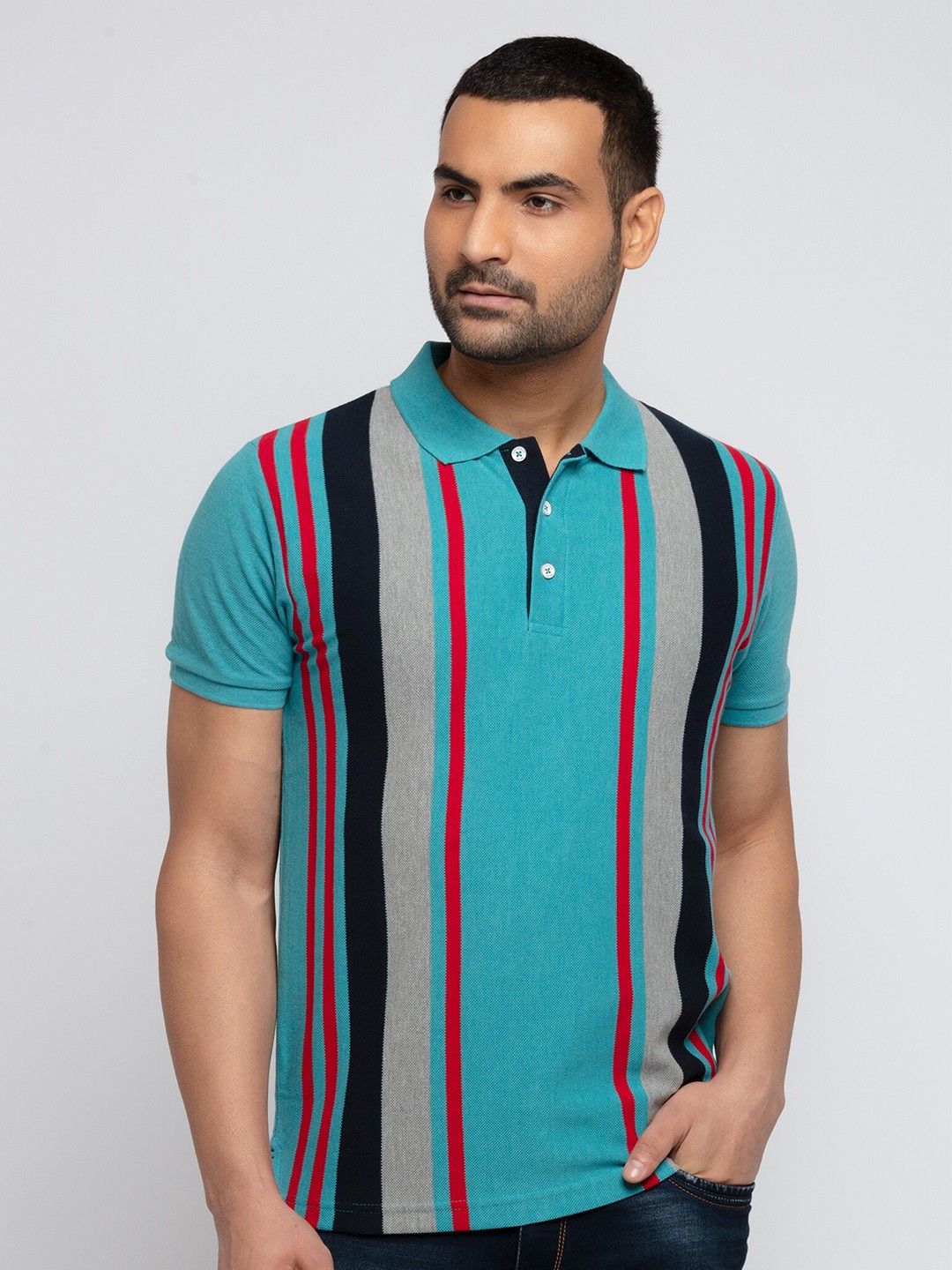

Status Quo Men Blue Striped Polo Collar Slim Fit T-shirt